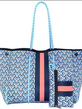 Blue Geometric Pattern Neoprene Tote Bag with Blue & Red Stripe & Matching Pouch